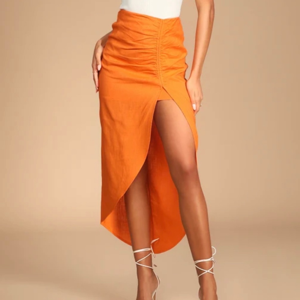 Lulus Stun and Sand Bright Orange Ruched Linen Midi Skirt